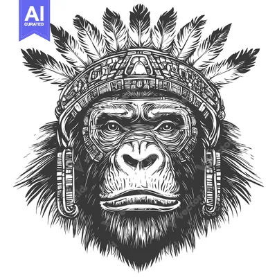 Premium design asset: Black and White Illustration of a Gorilla in a Headdress