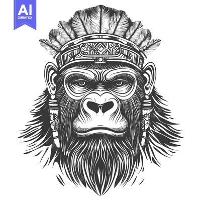Popular premium asset: Black and White Illustration of a Gorilla Wearing a Feather Headdress