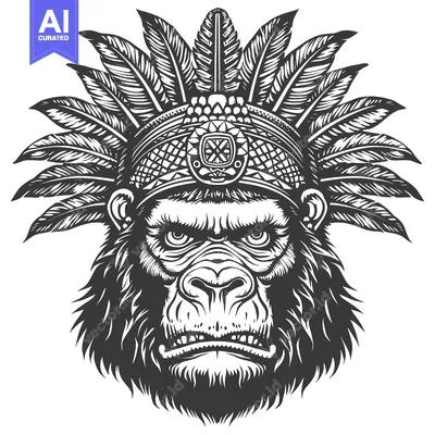 Aset premium populer: Black and White Illustration of a Gorilla Wearing a Native American He