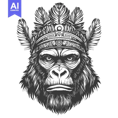 Aset desain premium: Black and White Illustration of a Gorilla Wearing a Tribal Headband