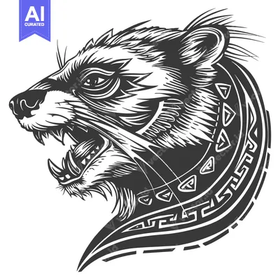 Aset desain premium: Black and White Illustration of a Growling Bear's Head with Tribal Des