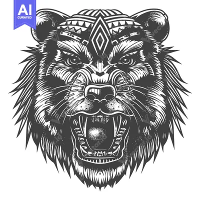 Popular premium asset: Black and White Illustration of a Growling Bear with Tribal Pattern