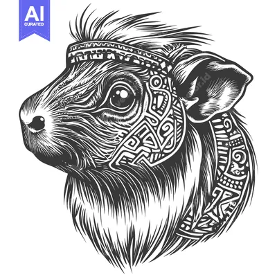 Aset desain premium: Black and White Illustration of a Guinea Pig with Tribal Tattoos
