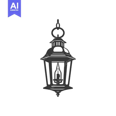 Premium design asset: Black and White Illustration of a Hanging Lantern with a Light Inside