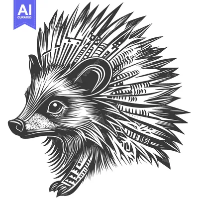 Aset desain premium: Black and White Illustration of a Hedgehog with a Patterned Back