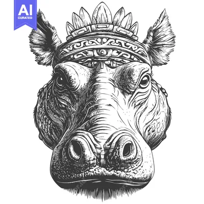 Premium design asset: Black and White Illustration of a Hippopotamus Wearing a Feathered Hea