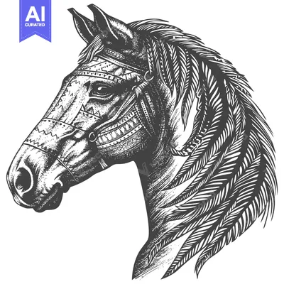 Premium design asset: Black and White Illustration of a Horse Head with Feathers