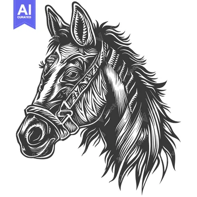 Aset desain premium: Black and White Illustration of a Horse's Head