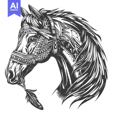 Aset desain premium: Black and White Illustration of a Horse's Head with Tribal Patterns