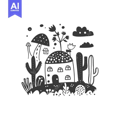 Aset premium populer: Black and White Illustration of a House in a Fantasy Landscape with Ca