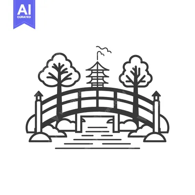 Aset desain premium: Black and white illustration of a Japanese bridge, trees, and pagoda