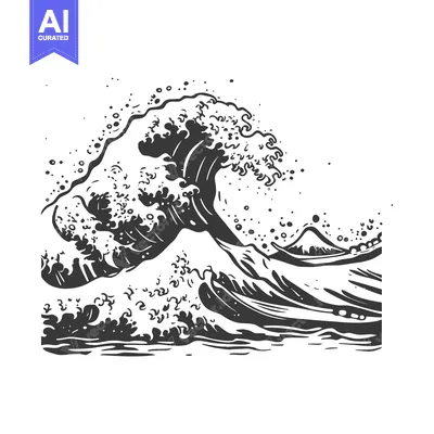 Aset premium populer: Black and White Illustration of a Large Wave Breaking Over a Mountain