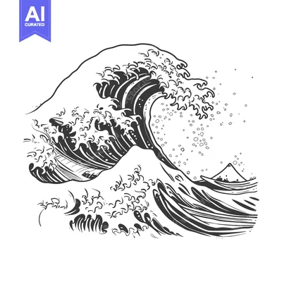 Aset desain premium: Black and White Illustration of a Large Wave Breaking Over a Mountain
