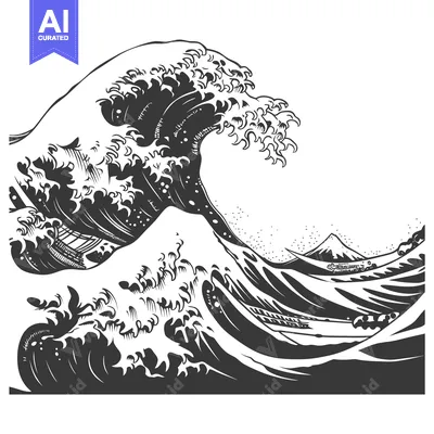 Black and White Illustration of a Large Wave Crashing Over Mount Fuji