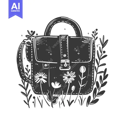 Premium design asset: Black and White Illustration of a Leather Briefcase Surrounded by Flow