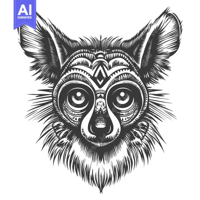 Aset desain premium: Black and White Illustration of a Lemur's Face with Tribal Pattern