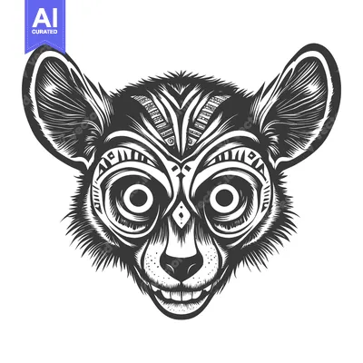Premium design asset: Black and White Illustration of a Lemur's Face with Tribal Patterns