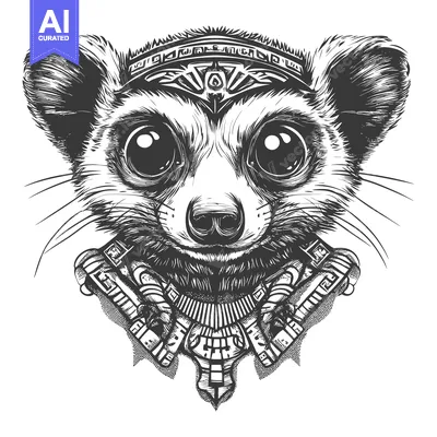 Premium design asset: Black and White Illustration of a Lemur Wearing a Tribal Crown and Nec