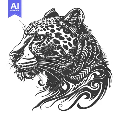 Popular premium asset: Black and White Illustration of a Leopard's Head with Ornamental Detai