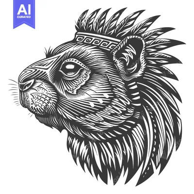 Premium design asset: Black and White Illustration of a Lion Wearing a Feather Headdress