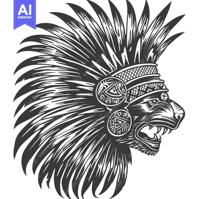 Popular premium asset: Black and White Illustration of a Lion Wearing a Native American Headd