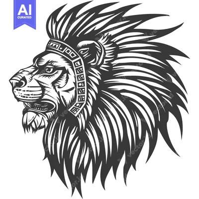 Aset desain premium: Black and White Illustration of a Lion with a Native American Headdres
