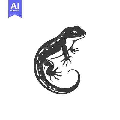 Aset desain premium: Black and white illustration of a lizard with its tail curled up
