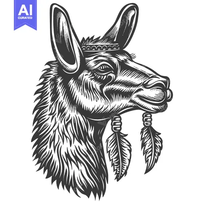 Aset desain premium: Black and White Illustration of a Llama Head with Feathers