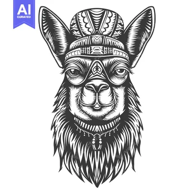 Popular premium asset: Black and White Illustration of a Llama with Traditional Headwear