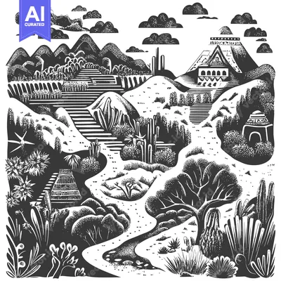 Aset desain premium: Black and White Illustration of a Lush Desert Landscape with a Mayan P