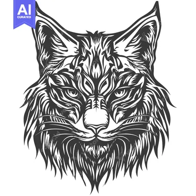Premium design asset: Black and White Illustration of a Lynx's Head with Fur Detail