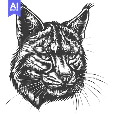 Aset premium populer: Black and White Illustration of a Lynx's Head with Sharp Ears and Whis