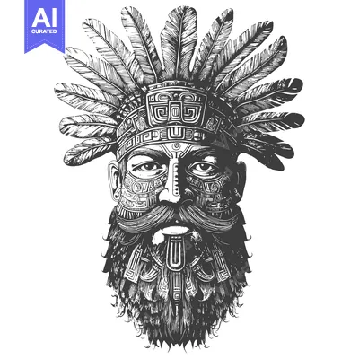 Premium design asset: Black and White Illustration of a Man in Native American Headdress