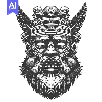 Aset premium populer: Black and White Illustration of a Man's Face with a Feathered Headpiec