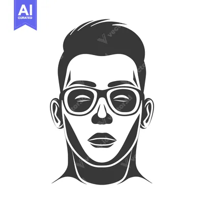 Aset desain premium: Black and white illustration of a man's face with sunglasses and close