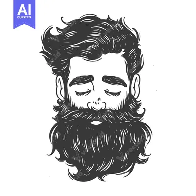 Aset desain premium: Black and White Illustration of a Man with a Long Beard and Wavy Hair