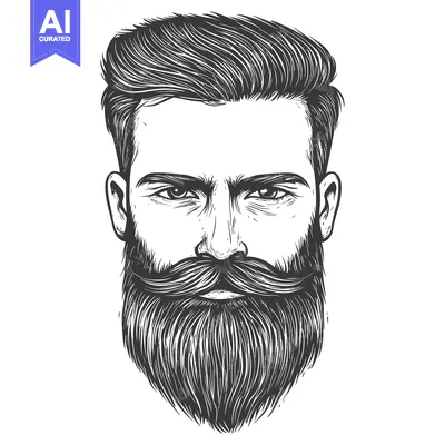 Premium design asset: Black and White Illustration of a Man with a Thick Beard and Mustache