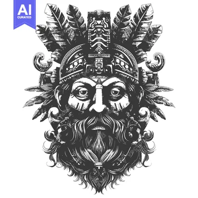 Premium design asset: Black and White Illustration of a Man with Feathers and a Beard
