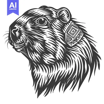 Premium design asset: Black and White Illustration of a Marmot's Head with Tribal Collar
