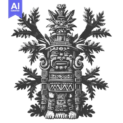 Popular premium asset: Black and White Illustration of a Mayan Deity Surrounded by Leaves