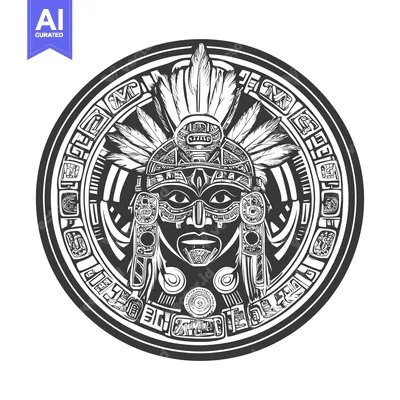 Aset desain premium: Black and White Illustration of a Mayan Deity with Feather Headdress