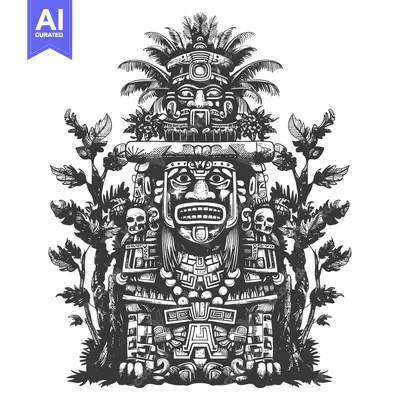 Aset premium populer: Black and White Illustration of a Mayan Deity with Feathers and Skulls