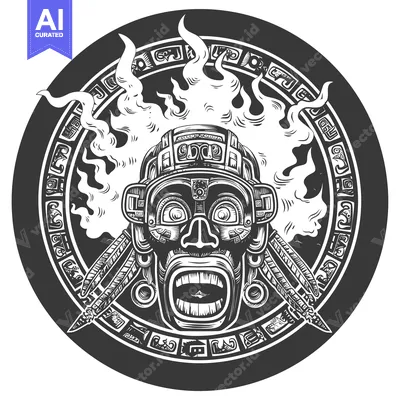 Popular premium asset: Black and White Illustration of a Mayan Deity with Flames