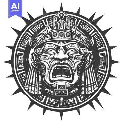 Aset desain premium: Black and White Illustration of a Mayan God's Face