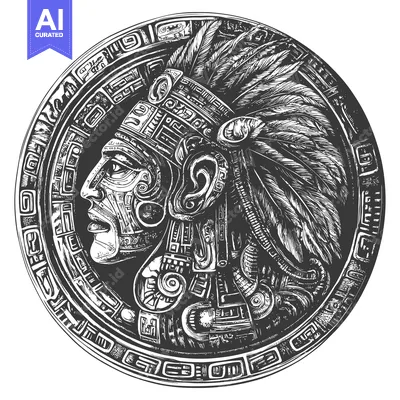 Premium design asset: Black and White Illustration of a Mayan Head with Feathers