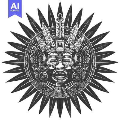 Aset desain premium: Black and White Illustration of a Mayan Mask with Feathered Headpiece