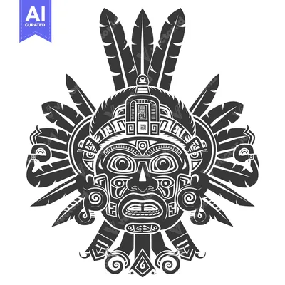 Aset desain premium: Black and White Illustration of a Mayan Mask with Feathers