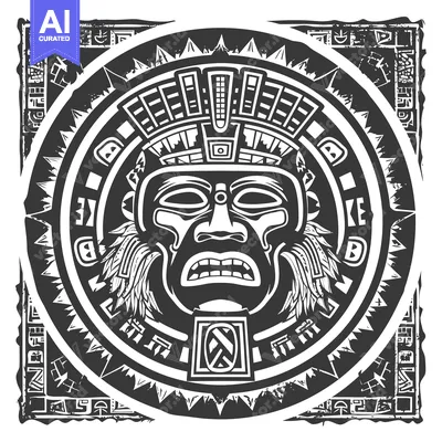Premium design asset: Black and White Illustration of a Mayan Mask with Geometric Patterns