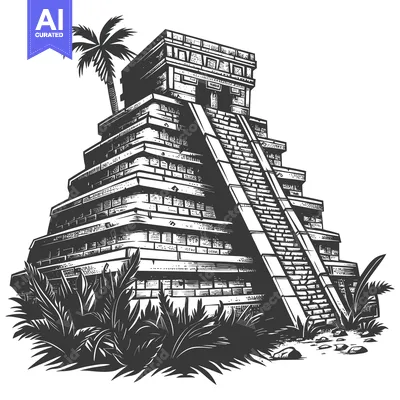 Aset premium populer: Black and White Illustration of a Mayan Pyramid with Palm Trees