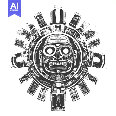 Premium design asset: Black and White Illustration of a Mayan Sun God Mask with a Grunge Eff